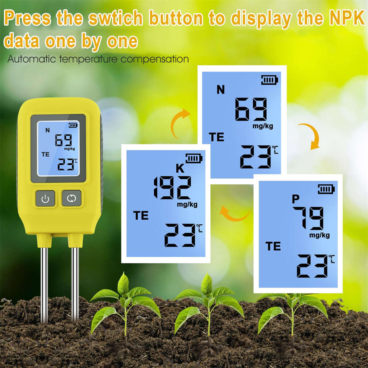 Yellow - 4in1 Soil Tester N/P/K Tester Digital LCD creen -10 to 80 Temperature Meter High Accuracy S