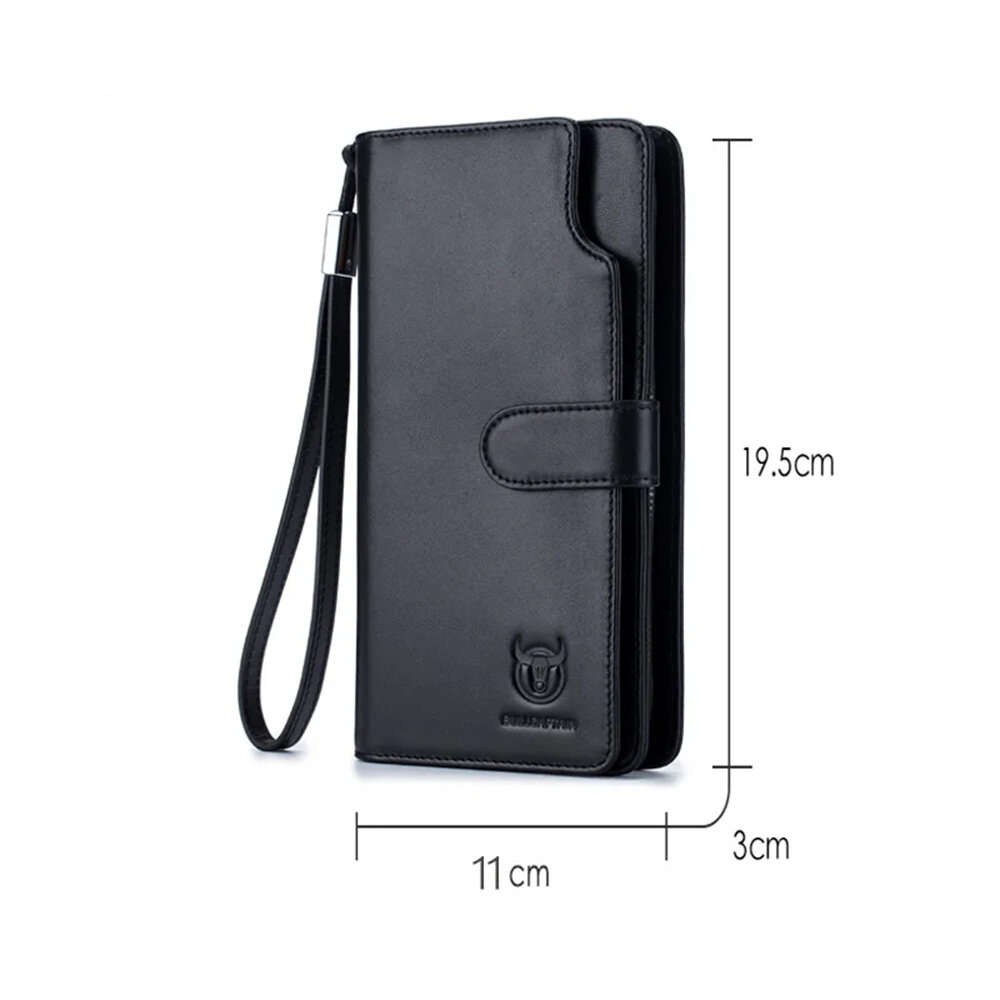 Black - BULLCAPTAIN Men's Genuine Leather Wallet RFID Function Can Place 6.5'' Mobile Handbag High Q