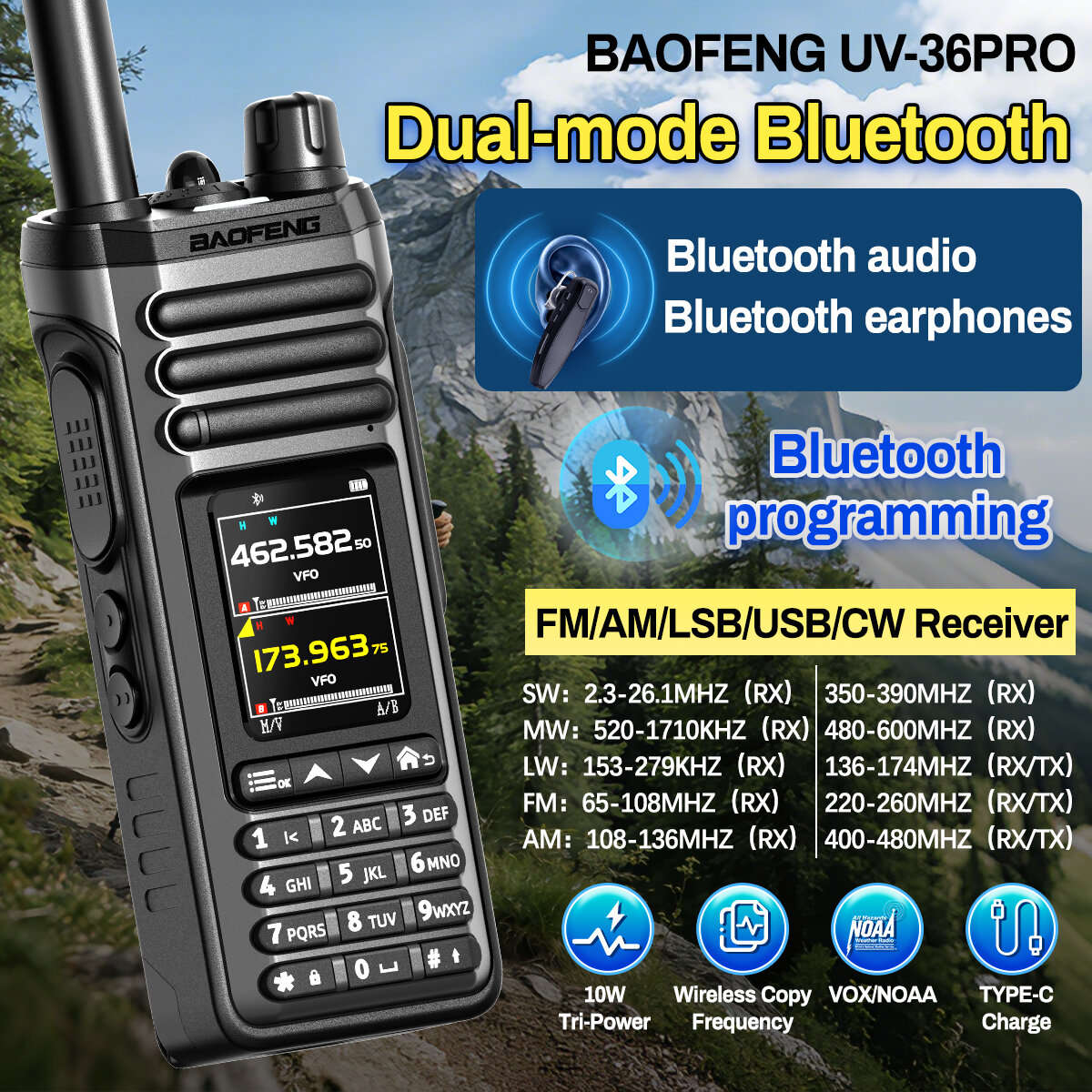 EU Plug - BAOFENG UV-36PRO 10W High Power Talkie Walkie Bluetooth Programming Dual Band Handheld 100