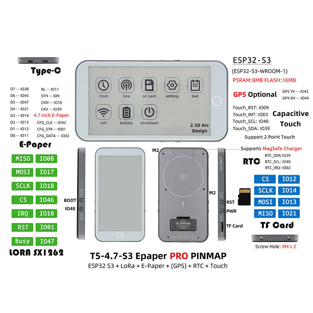433Mhz with GPS - LILYGO T5-4.7-S3 Pro Epaper ESP32-S3 GSP Touch Screen Ink Display Development Boar