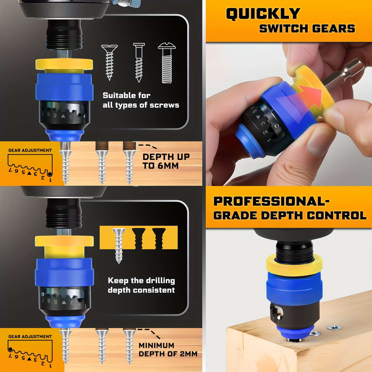 Yellow - Adjustable Depth Countersink Drill Bit Set with 5 Tungsten Carbide Drill Bits Hex Shank Pro
