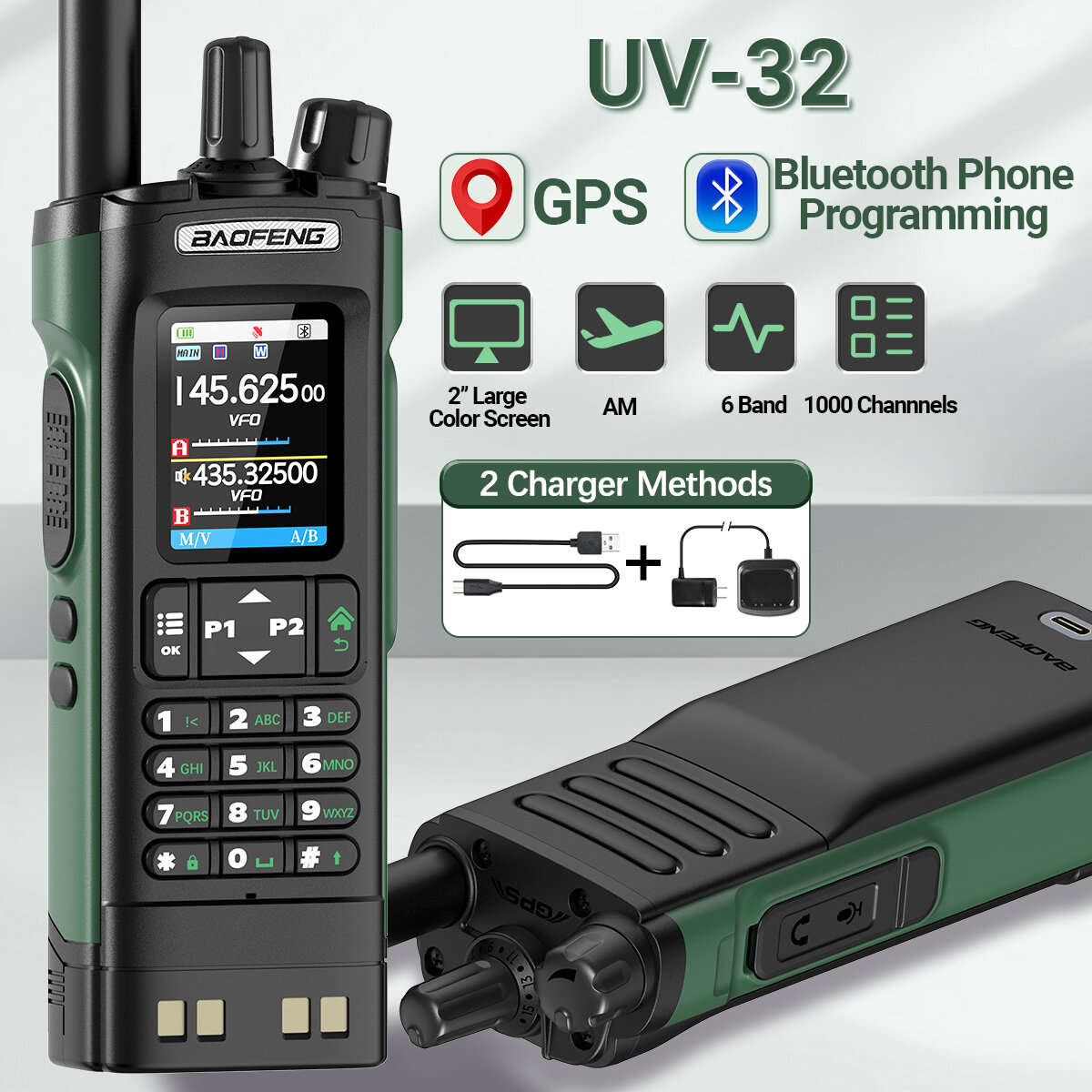 2Pcs Baofeng BF-UV32 GPS Walkie Talkie 10W Long Range Multi Band Bluetooth App 1000 Channels USB-C E
