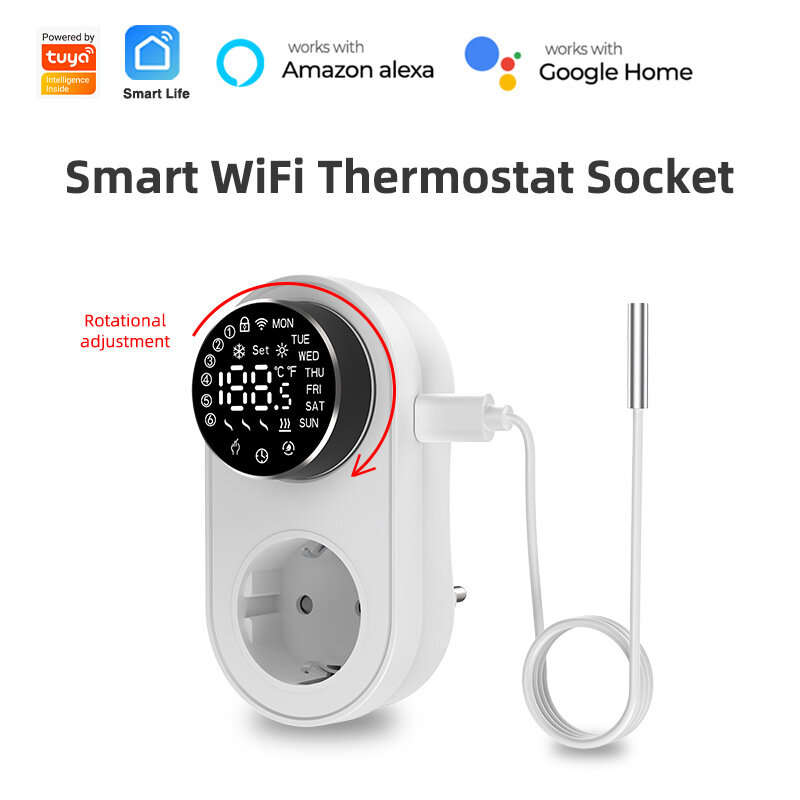 White - Tuya 1419 Wi-Fi Plug-in Smart Thermostat Socket with Timing Function LED Display Knob-type A