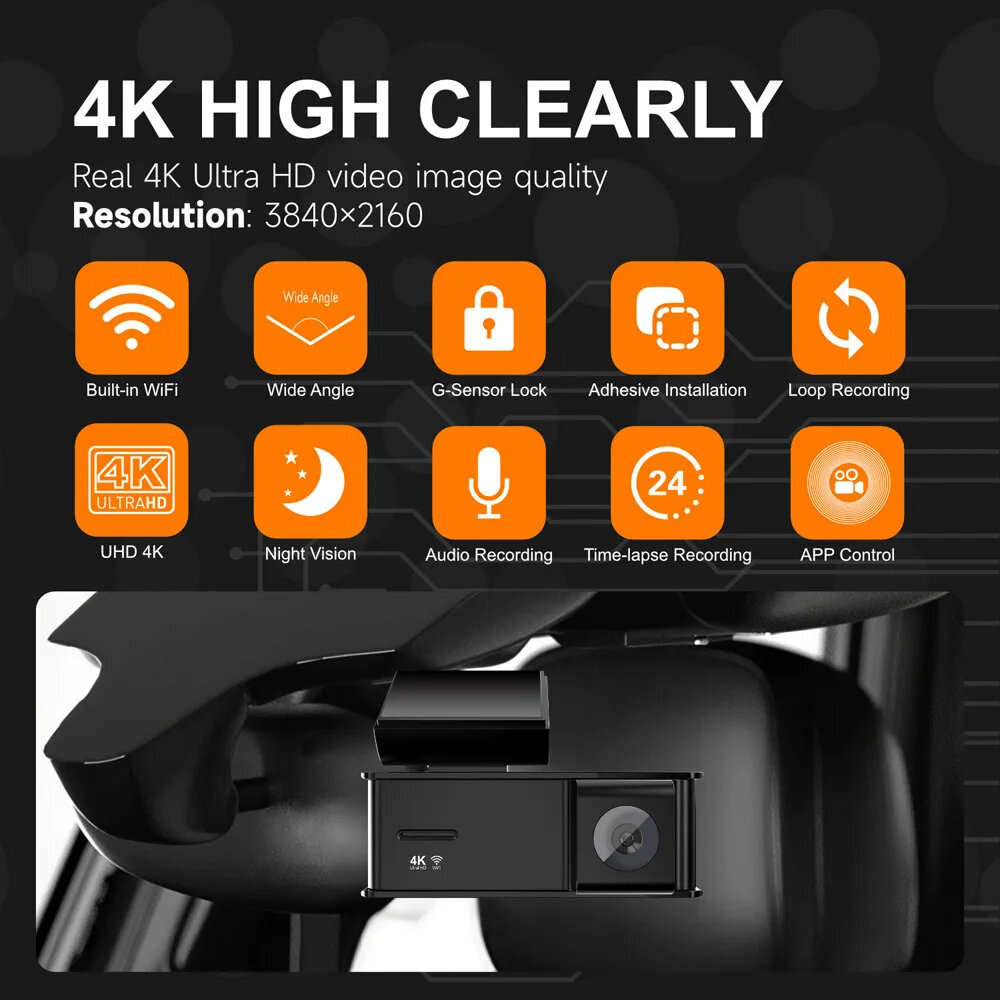 D - 4K WiFi / GPS Dash Cam Front And 1K Rear Camera 170 F1.4 HDR Loop Recording / 24H Parking Monito