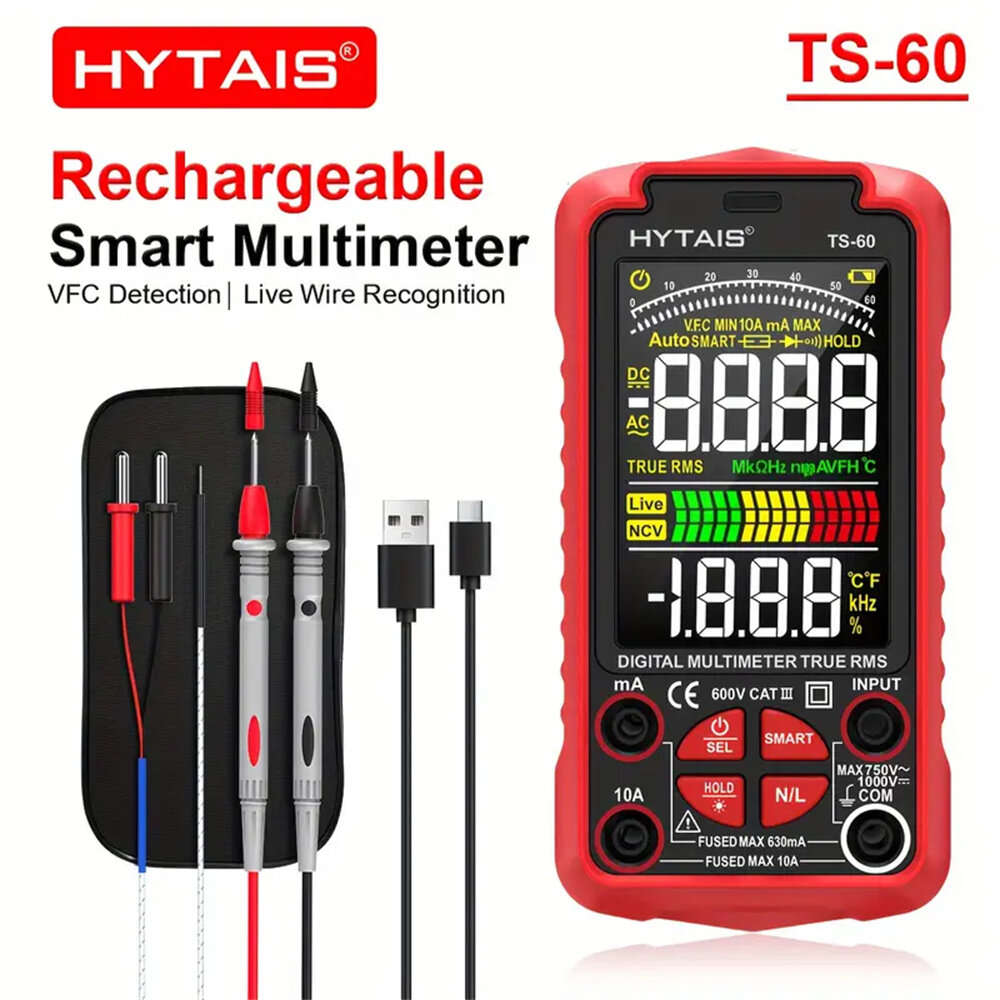 Red - HYTAIS TS-60 Digital Multimeter 6000 Counts High Precision Rechargeable Battery Live Wire Dete