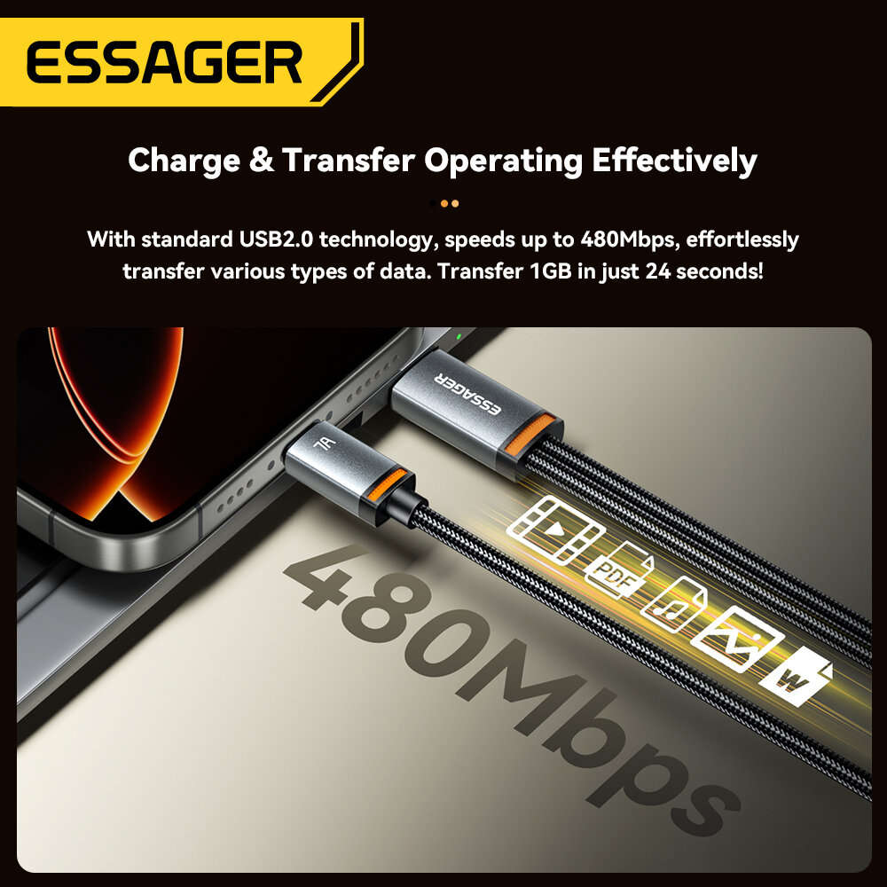 A-C+L[Black] - ESSAGER ES-X67 7A 100W USB-A to Type-C+Type-C Cable QC SCP FCP VOOC Fast Charging Dat