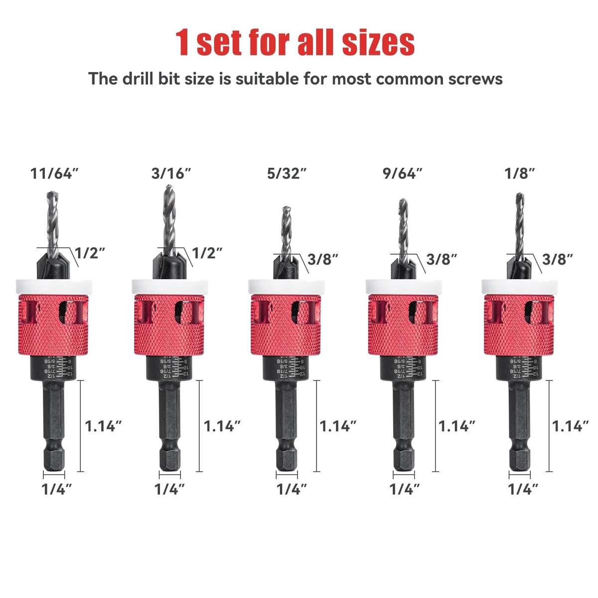 5Pcs - 5PCS 1/4 Inch Hex Shank Countersink Drill Bits Set with Low Friction Stop for Wood Plastic MD