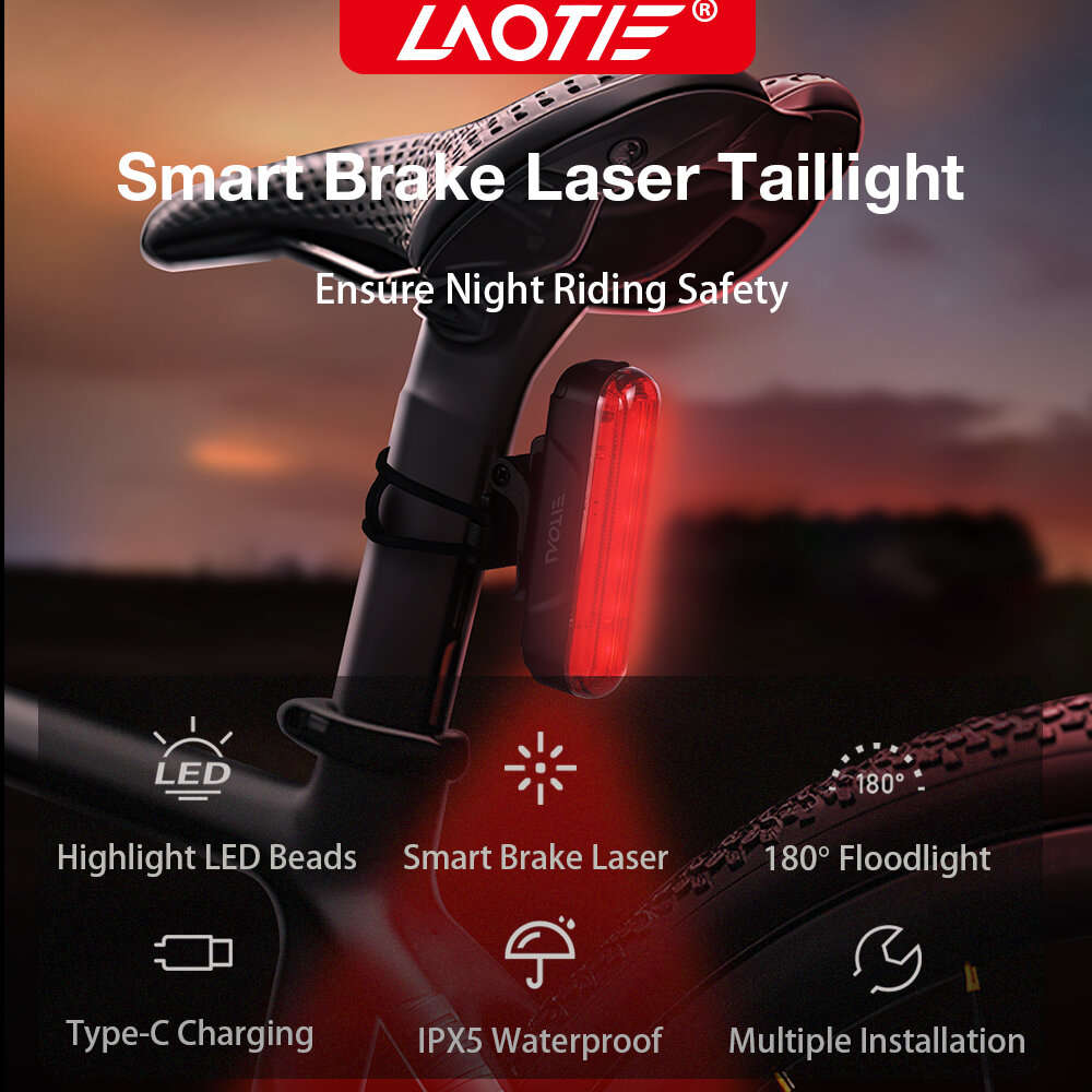 1pcs - LAOTIE LS80 Smart Brake Sensor Bike Taillight 500mAh Battery 6 Light Modes Type-C Rechargeabl