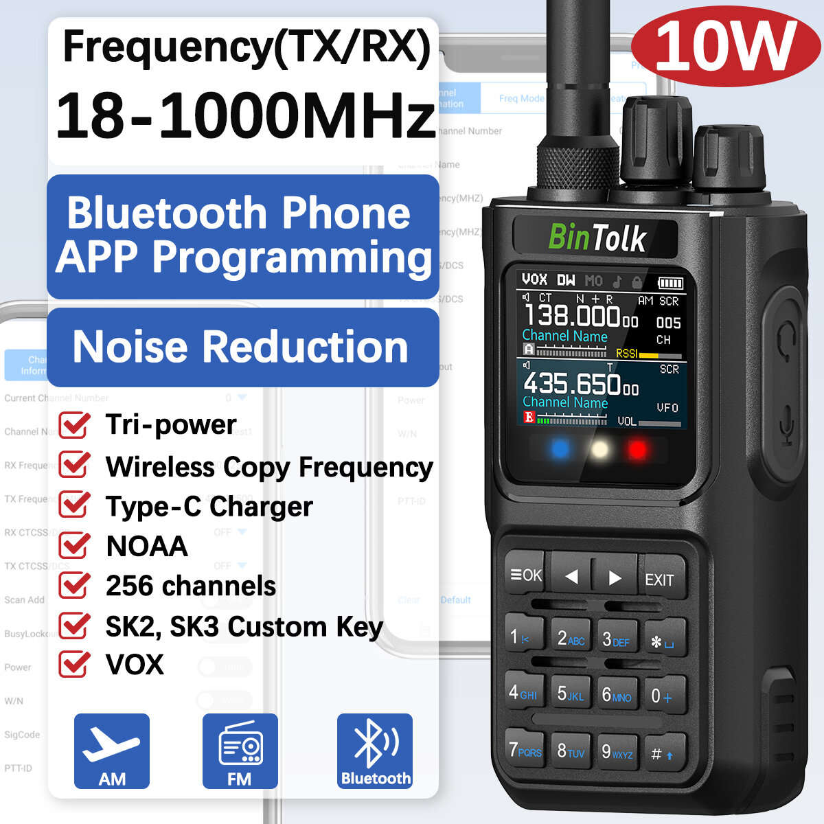 Standard Version - BinTolk BT8000 10W Multi Band Radio Walkie Talkie 256 Channels Type-C Charging Bl