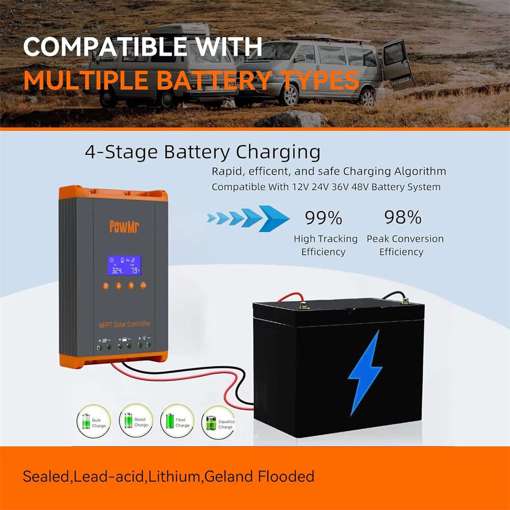 Black - PowMr HHJ60-PRO MPPT 60A Solar Charge Controller Solar Panels Regulator 12V 24V 36V 48V Para