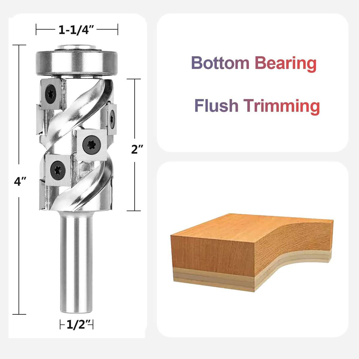 Type-B - Carbide Insert Flush Trim Router Bit 32mm Dia 1/2" Shank 50mm Cutting Length Top/Bottom Bea