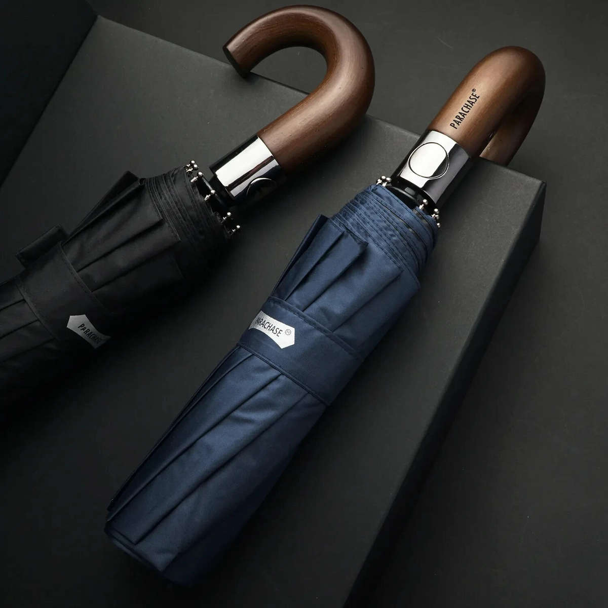 Black - Automatic 10-Rib Wooden Curved Handle Automatic Umbrella 10K Automatic Folding Umbrella Rain