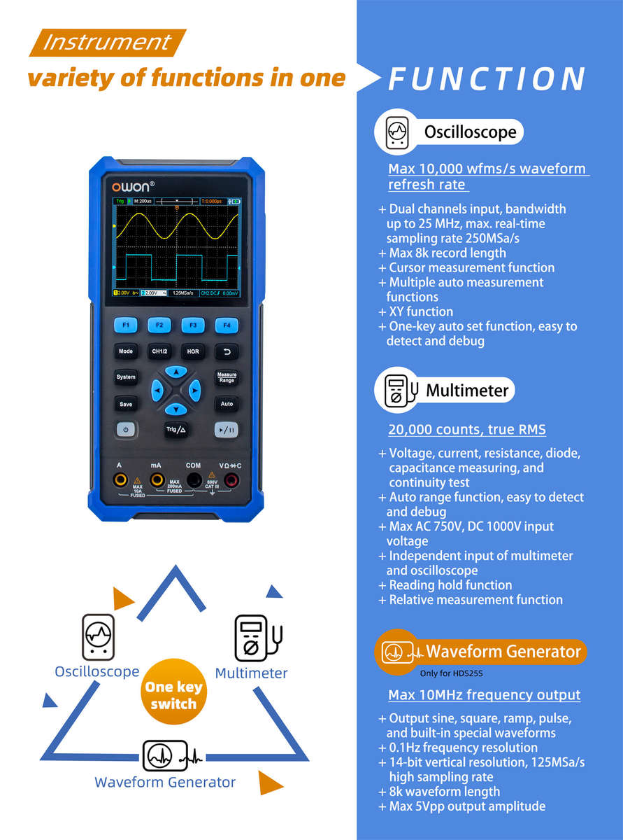 HDS25S - OWON HDS25/HDS25S 25MHz Dual Channel Oscilloscope with Multimeter 250MSa/s Sampling Rate LC