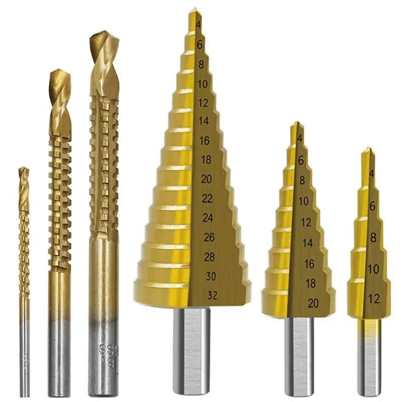 B - 6PCS High-Speed Steel Step Drill Bits Set Titanium Coated 4-12mm 4-20mm 4-32mm Serrated Drill Bi