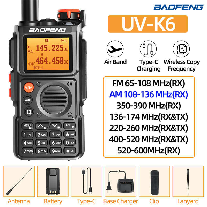 Baofeng UV-K6 Air Band Walkie Talkie Six Band 999 Channel with Earphone Wireless Copy Frequency Port