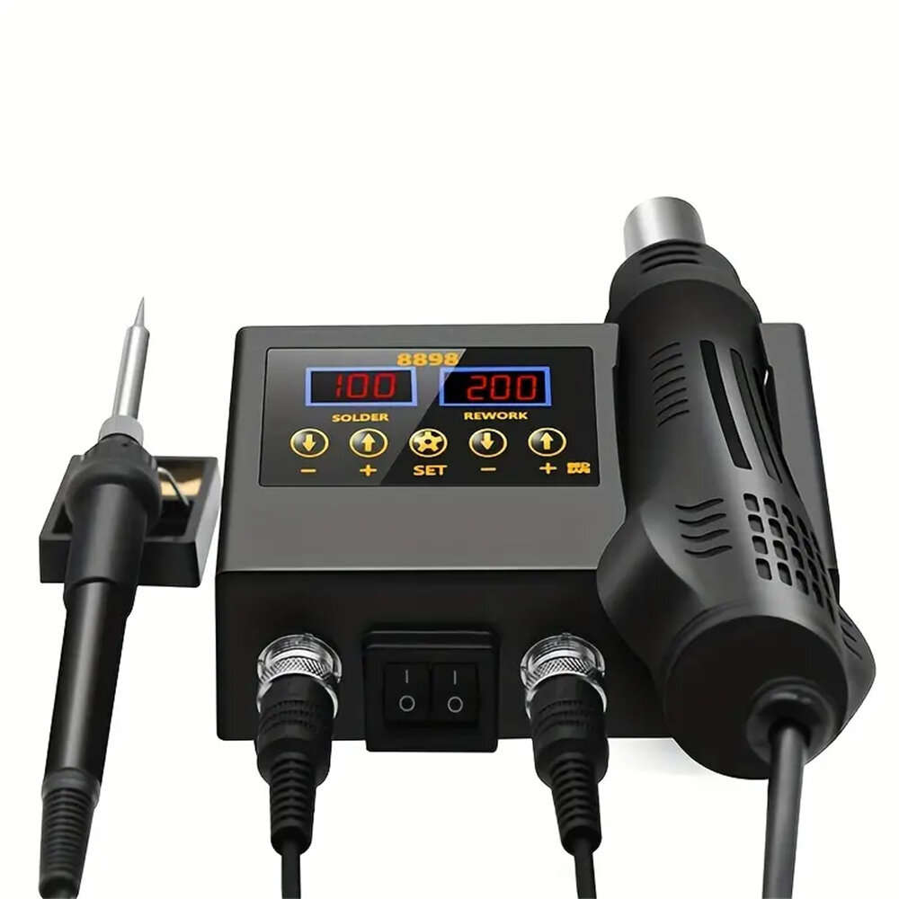 US Plug - 2 in 1 SMD Soldering Station Hot Air Gun 100-700W Dual LCD Display 100C-480C Adjustable Te