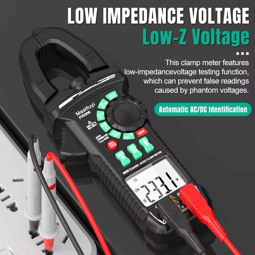 Black - FUYI FY0306 Digital Clamp Meter True RMS Multimeter 5999 Counts AC DC Current Voltage Capaci