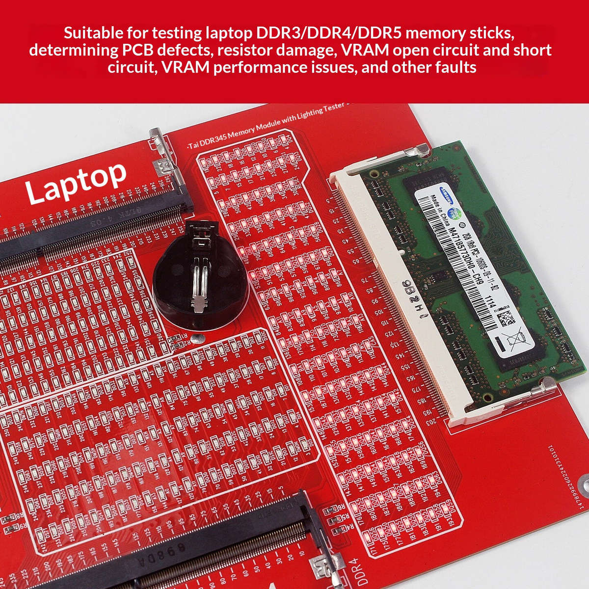 Red - HMT-BT07 Laptop Memory Tester DDR3/DDR4/DDR5 3-In-1 LED Indicator Board Micro-USB 145x125mm 75