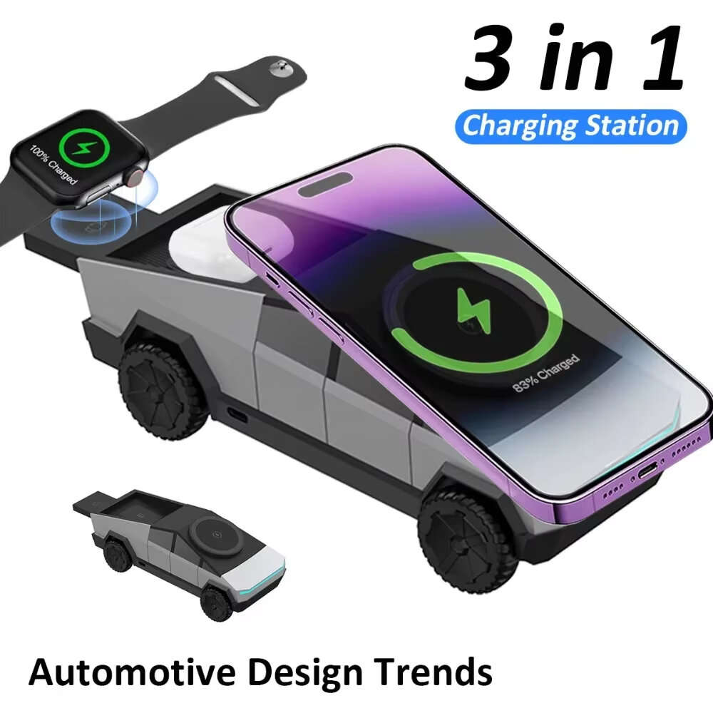 Grey - 3 in 1 CyberDock Multi-Function Wireless Charger Fast Charging Station Magnetic Phone Stand F