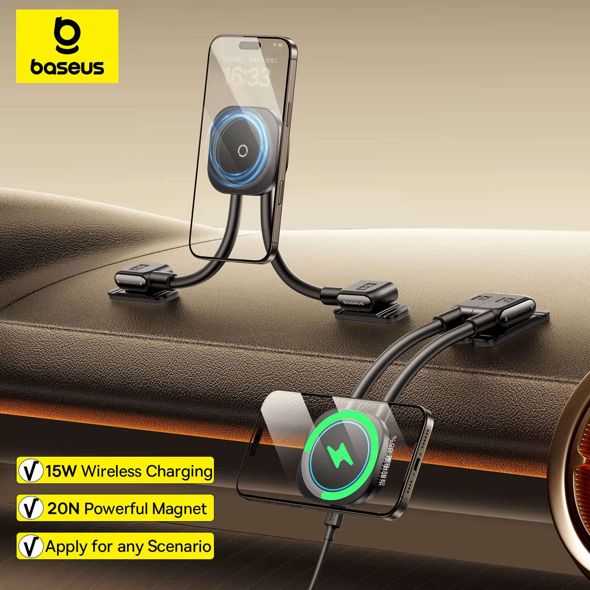 Black - Baseus PrimeTrip C03sPro 15W Magnetic Wireless Car Charger Holder for iPhone HUAWEI Strong M