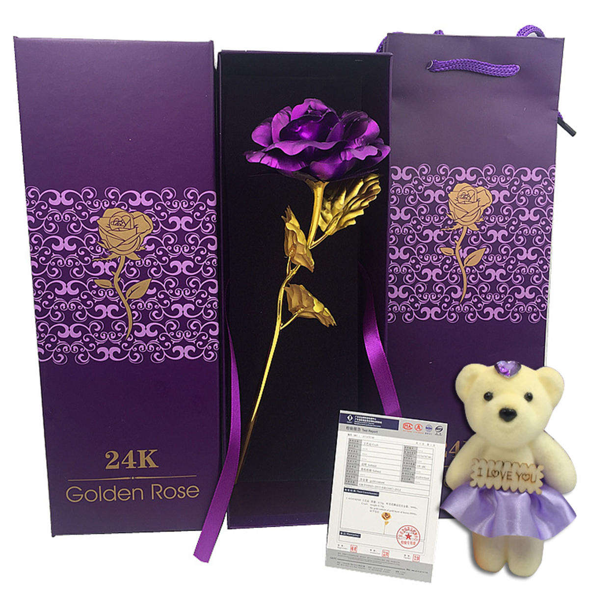 24K Gold Plated Rose Flower Valentine's Day Birthday Gifts with Cute Teddy Bear Decorati...-(Type F)