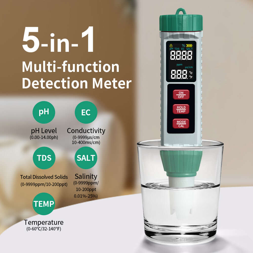 Green - 5-in-1 Water Quality Tester MF-X51 pH TDS Salinity EC Temperature Meter Accurate Portable Di