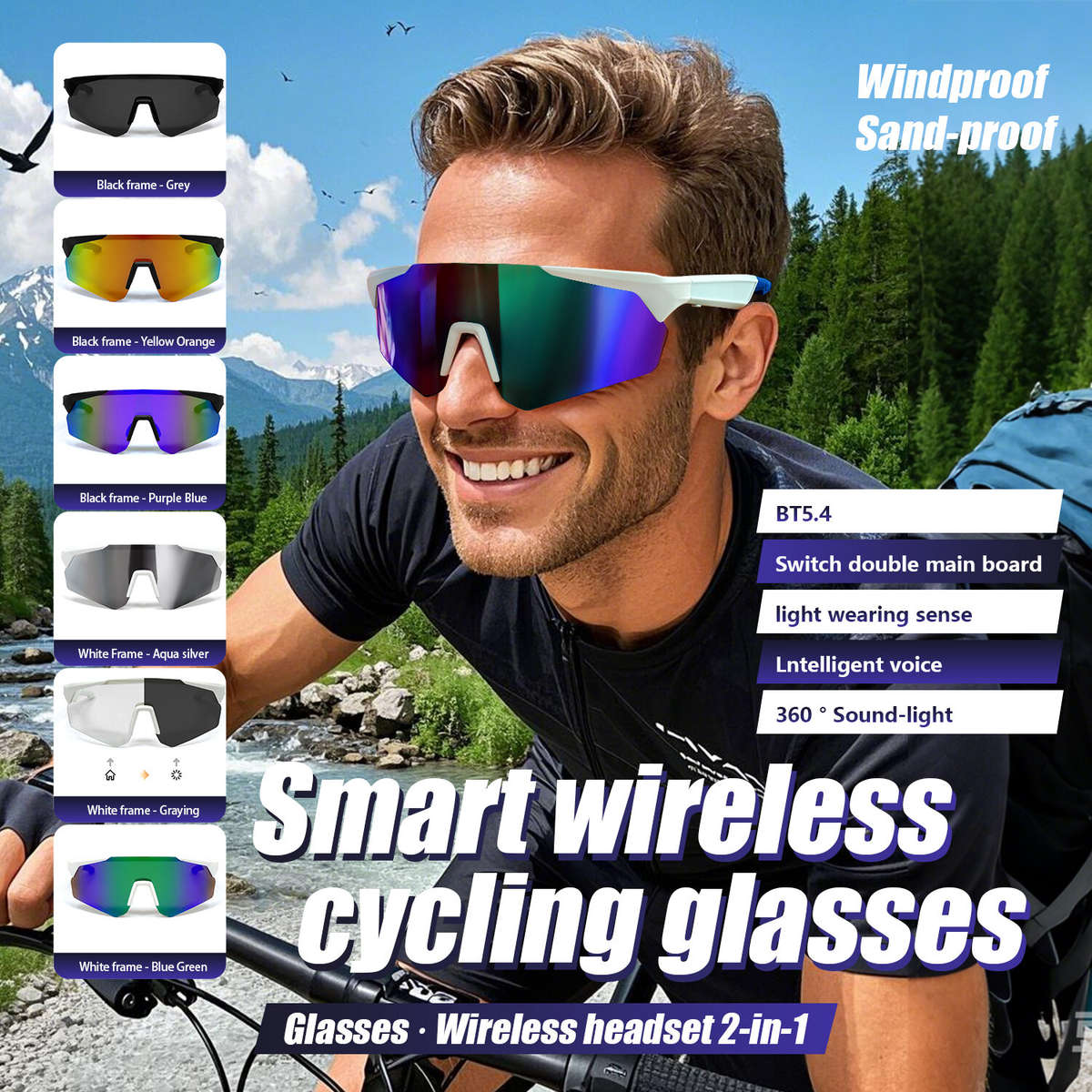 White Frame-Grey - QY-Pro2 bluetooth 5.4 Smart Cycling Glasses with AI Voice Assistant UV Protection