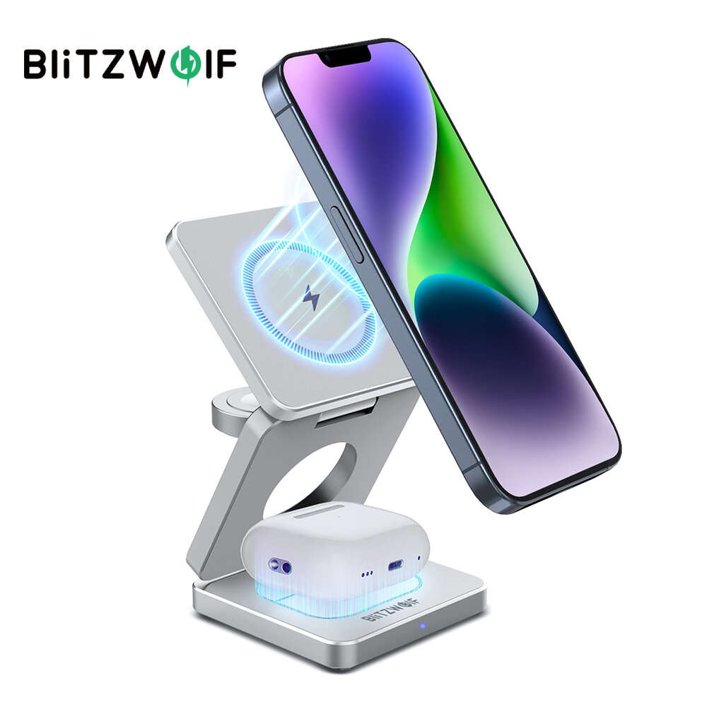 Silver - BlitzWolf BW-iw30 3-in-1 Foldable Magnetic 15W Wireless Charger Fast Charging Station for i