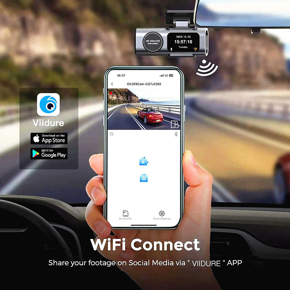 4K Dual Lens Car Dash Cam with High Definition Wide Angle Loop Recording Night Vision Wifi 24 Hours