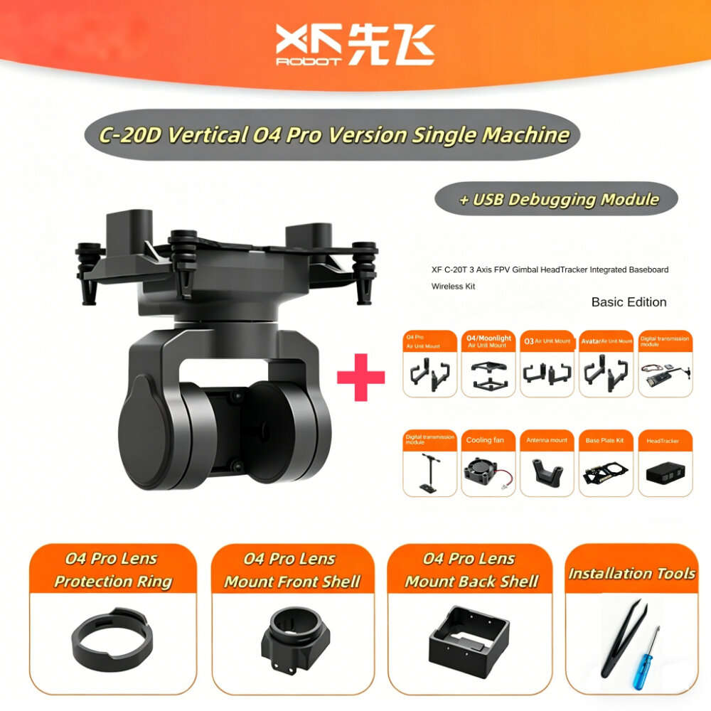 O4 PRO Version with Head tracking module - XF C-20D 2-Axis FPV Gimbal with 19mm Vertical Mount, DJI