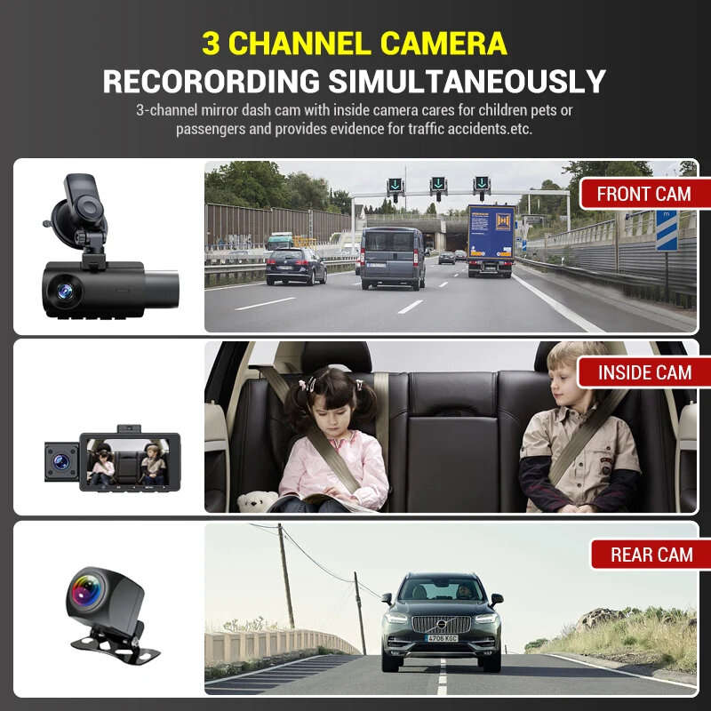 128GB - 3 Channel Dash Cam Car Dash Camera With GPS WiFi IR Night Vision Camcorder