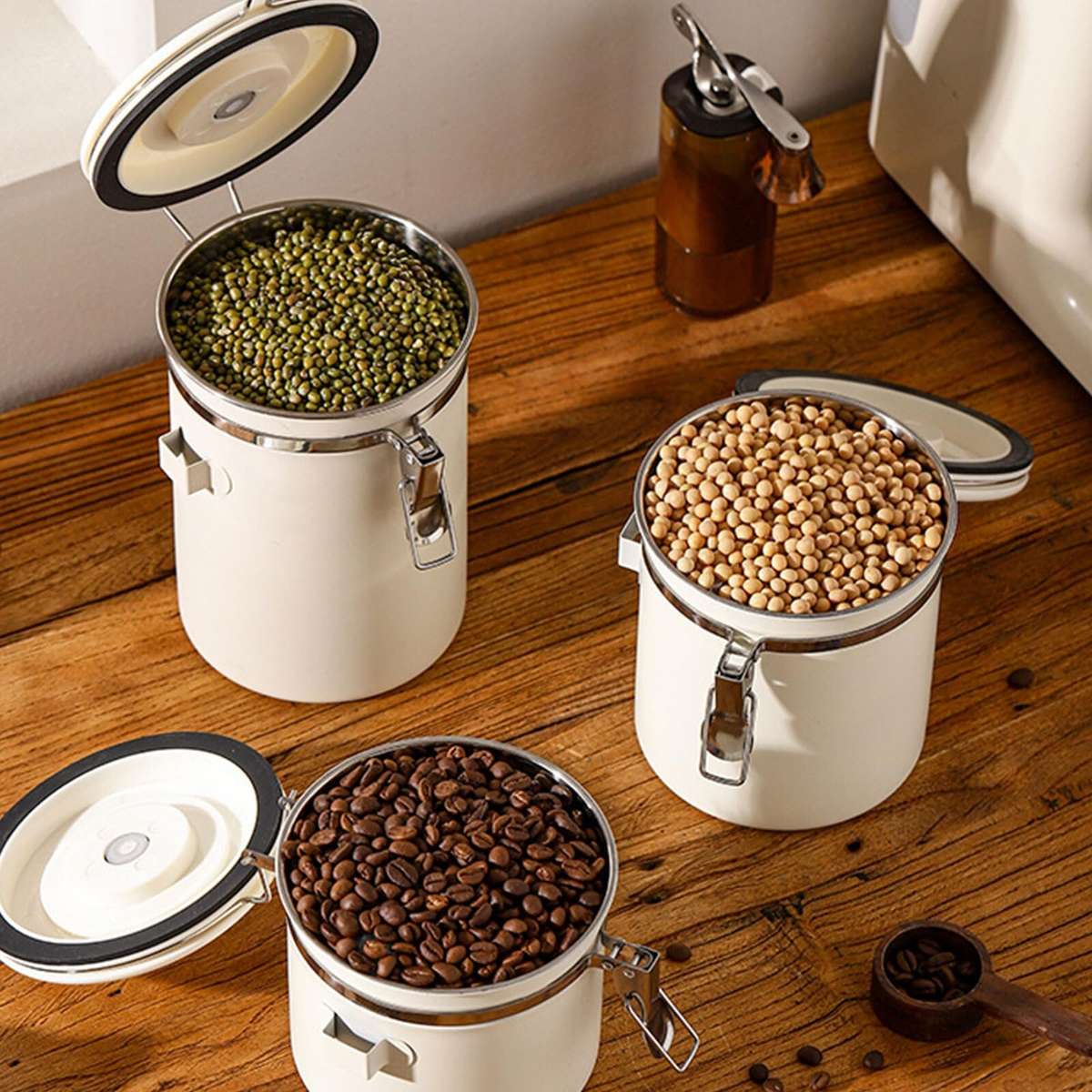 stainless steel - 1.8L Stainless Steel Coffee Bean Container with Date Display and Spoon Sealed Coff