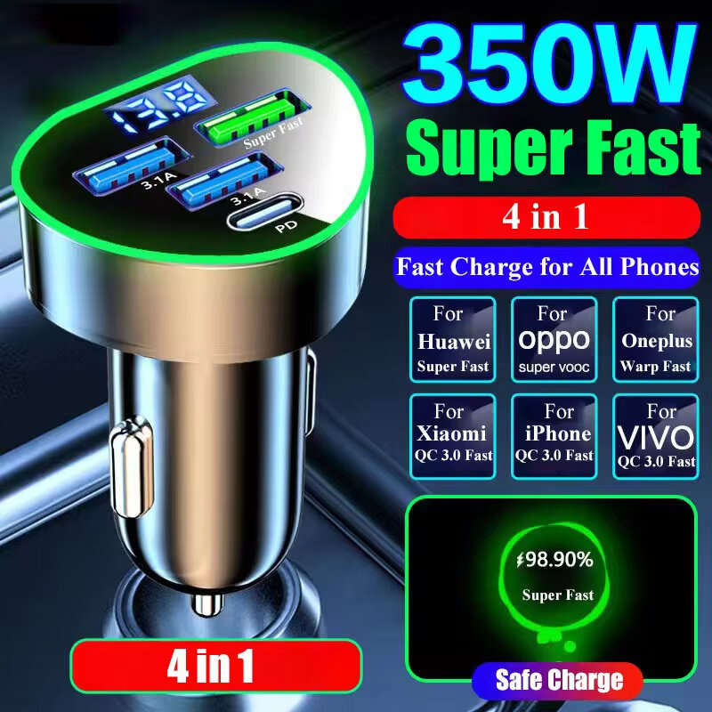 #2 - 350W 4-Port USB PD Car Charger Adapter 3USB-A+USB-C Fast Charging with Blue LED for iPhone 16 1