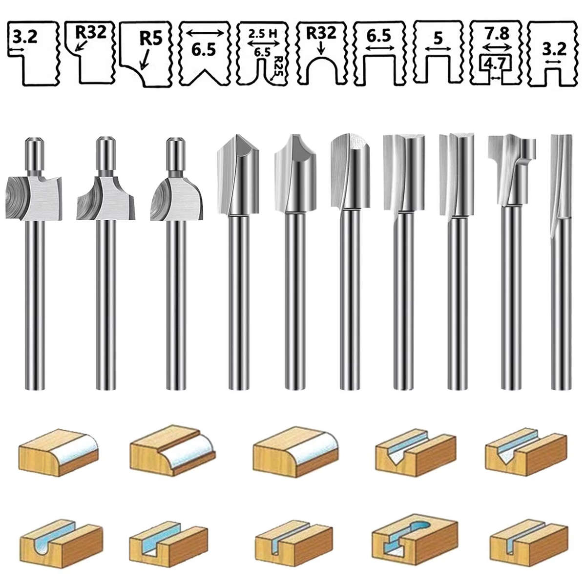 Silver - 20 Piece HSS Woodworking Rotary File Set Universal 3mm Shank Compatible with Most Rotary To
