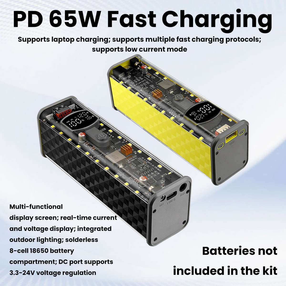 Yellow - PD 65W Super Fast Charging Transparent Power Bank Case Weldless 8-Cell 18650 Battery Box DC
