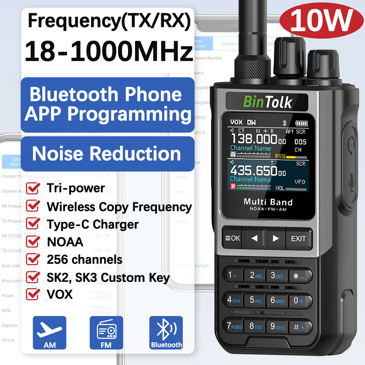 Bluetooth Version - BinTolk BT8200 10W Multi Band Radio Walkie Talkie 256 Channels bluetooth APP Pro