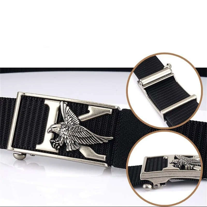 Brown - ENNIU 125cm Men's Tactical Nylon Belt Adjustable Luxury Eagle Metal Automatic Buckle Canvas