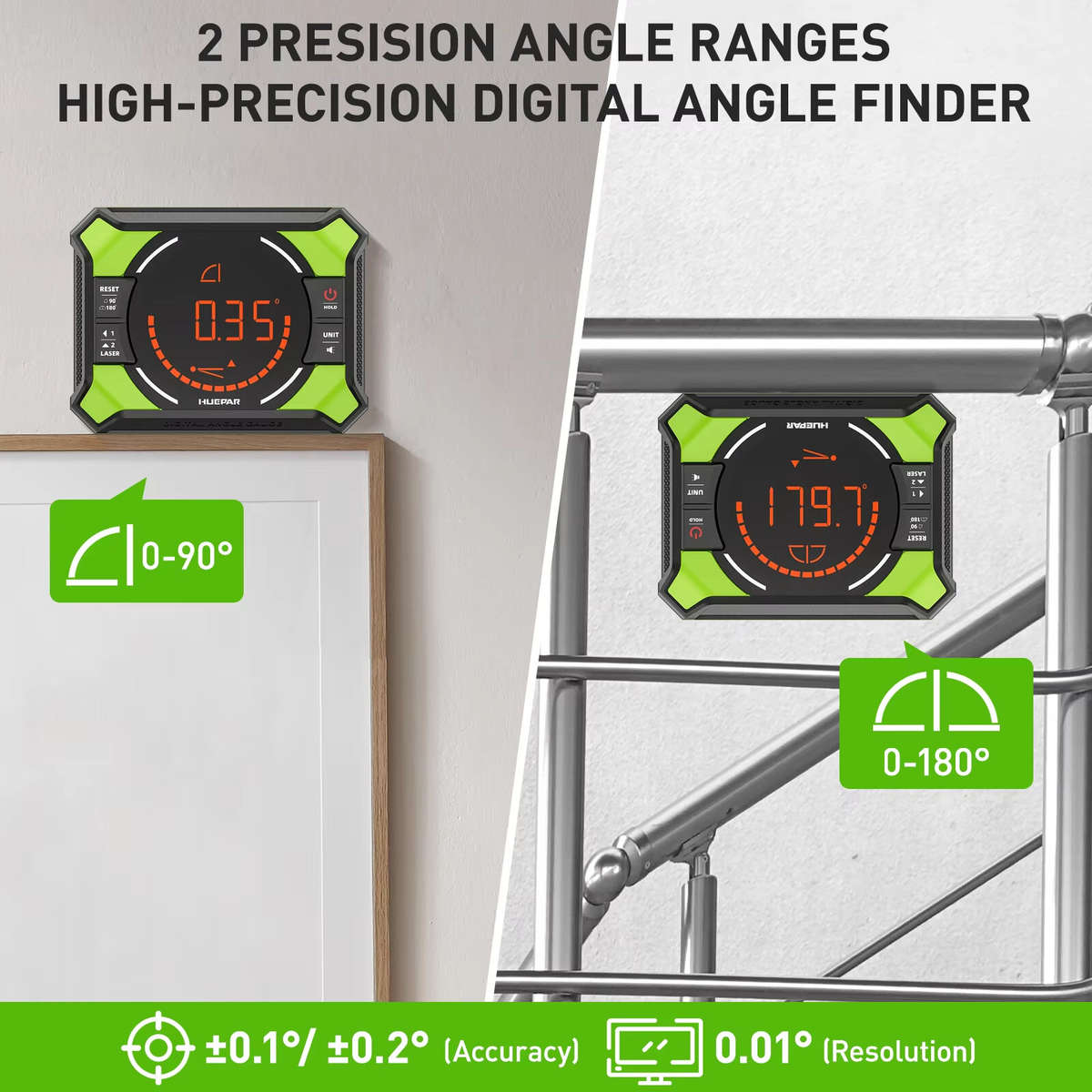 Green - Huepar AG2L Digital Angle Gauge 3-in-1 Laser Level High Precision 0.1 Magnetic Base Backlit