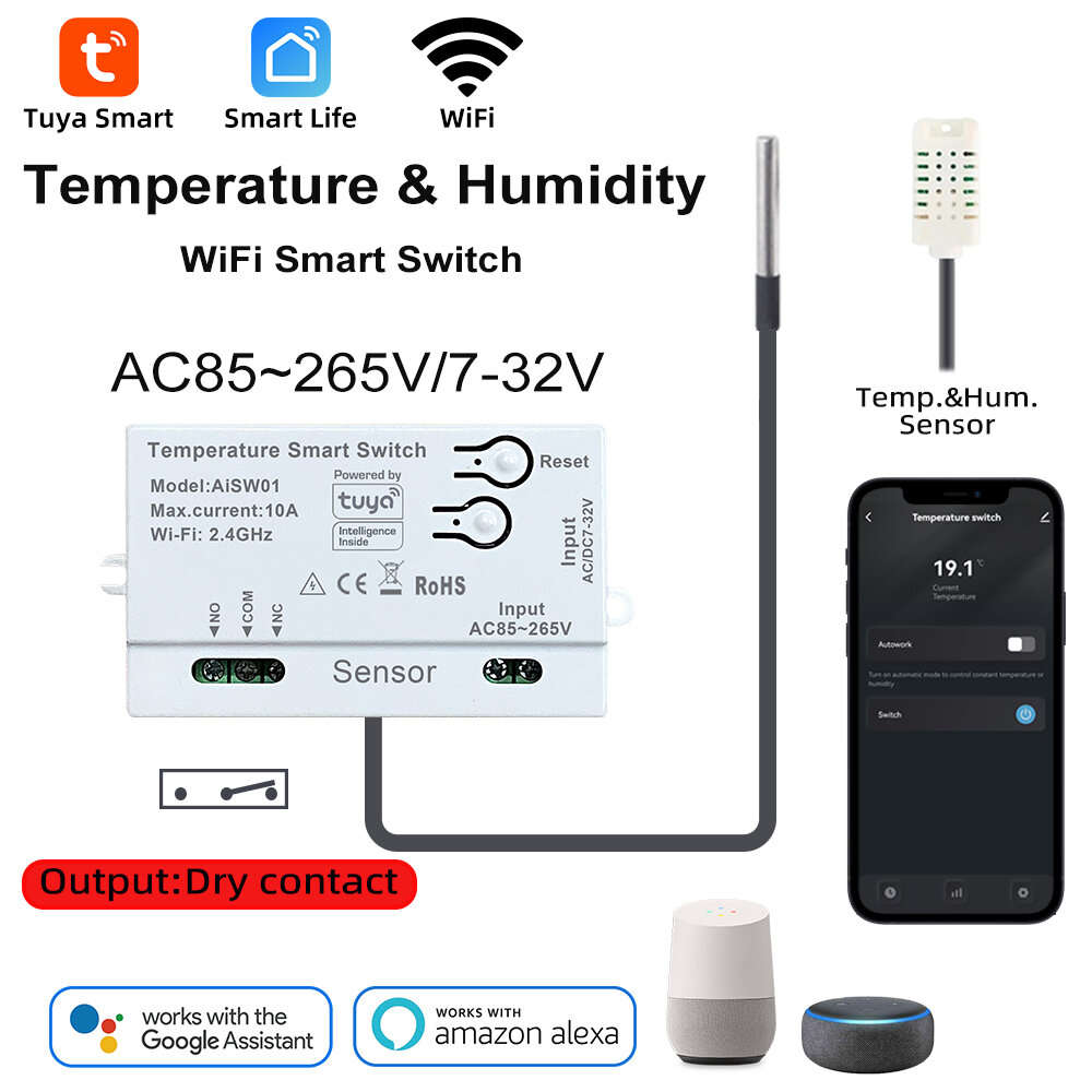 with 1M Sensor - Tuya WiFi Smart Switch Temperature Humidity Dry Contact 10A AC85-265V DC7-32V App R