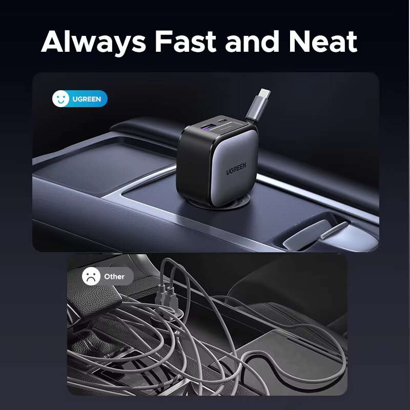 90W - Ugreen 90W 2-Port USB PD Car Charger Adapter USB-A+USB-C+Type-C Retractable Cable Support PD F
