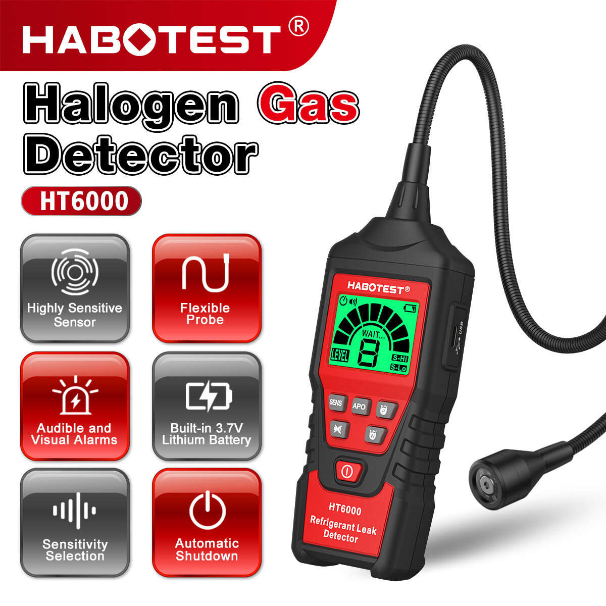 Red - HABOTEST HT6000 Halogen Gas Leak Tester Audible Visual Alarms 16-200PPM High-Sensitivity Senso