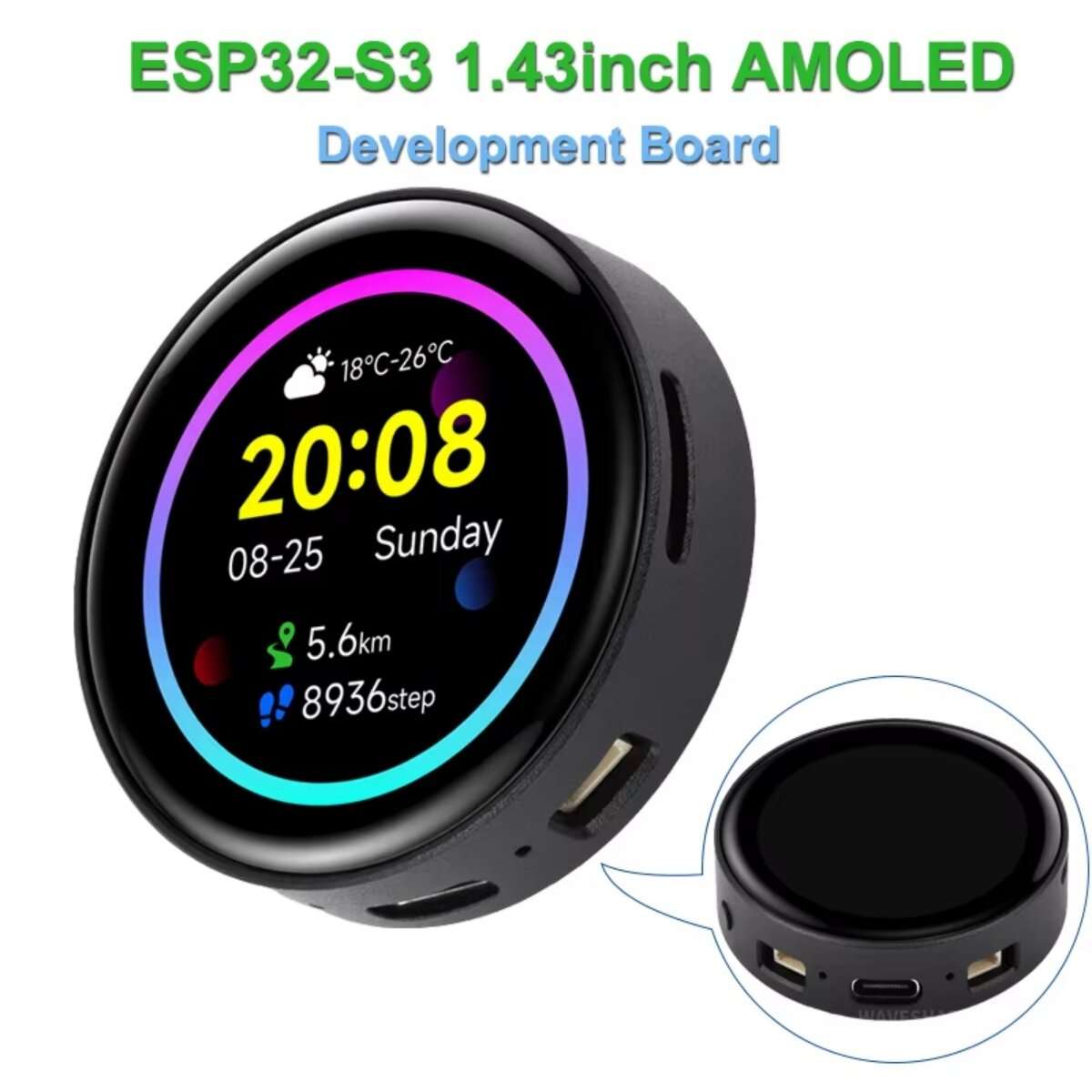 With Case - Waveshare ESP32-S3 1.43inch Touchscreen AMOLED Round Touch Display Development Board Sup