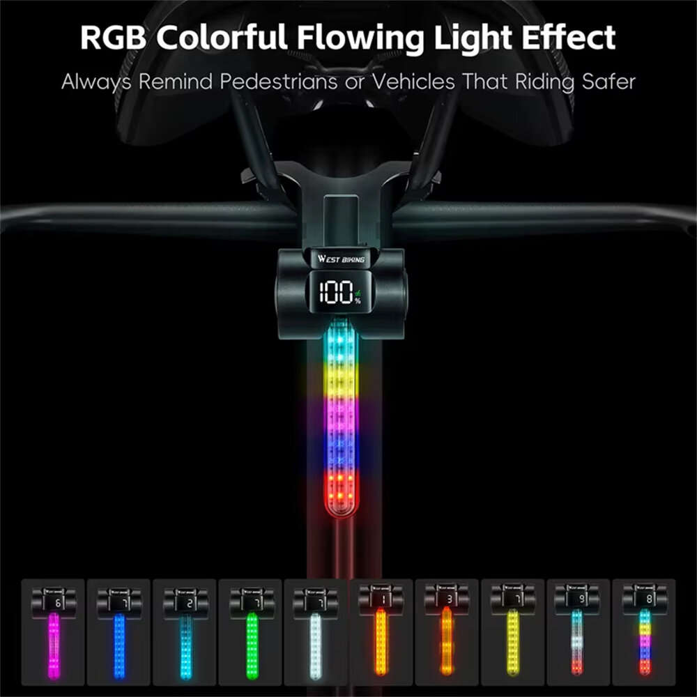Colorful - WEST BIKING RGB Colorful Dynamic LED Bicycle Taillight Smart Sensor Brake Digital Power D