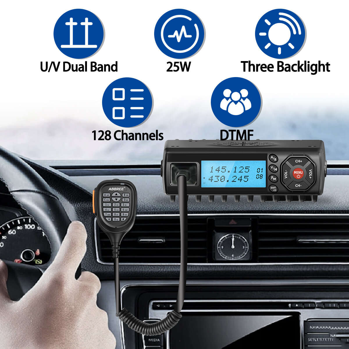 Standard Version with add mount+cable+antenna - ABBREE AR-218 25W Mini Mobile Radio Dual Band VHF/UH