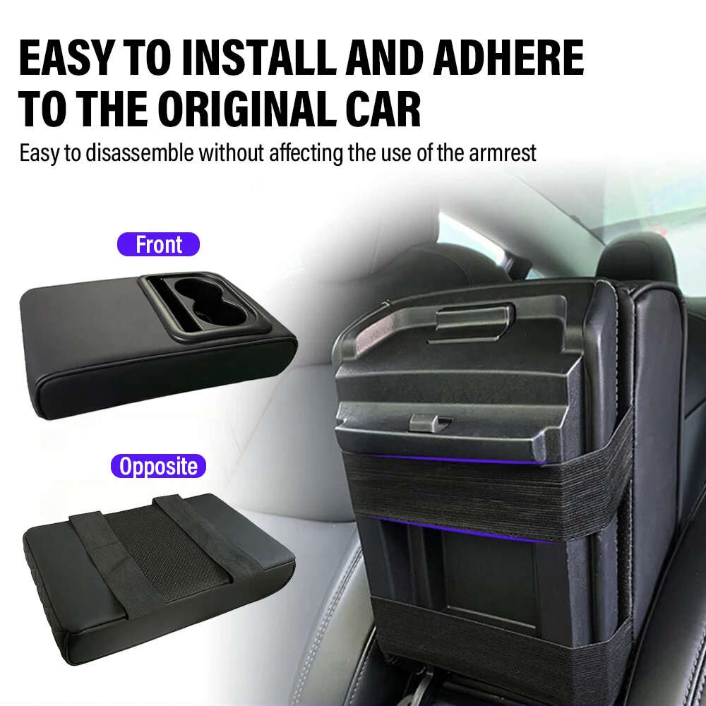 Black - Car Center Console Armrest Cushion with 2 Cup Holders PU Leather Portable Car Armrest Pillow