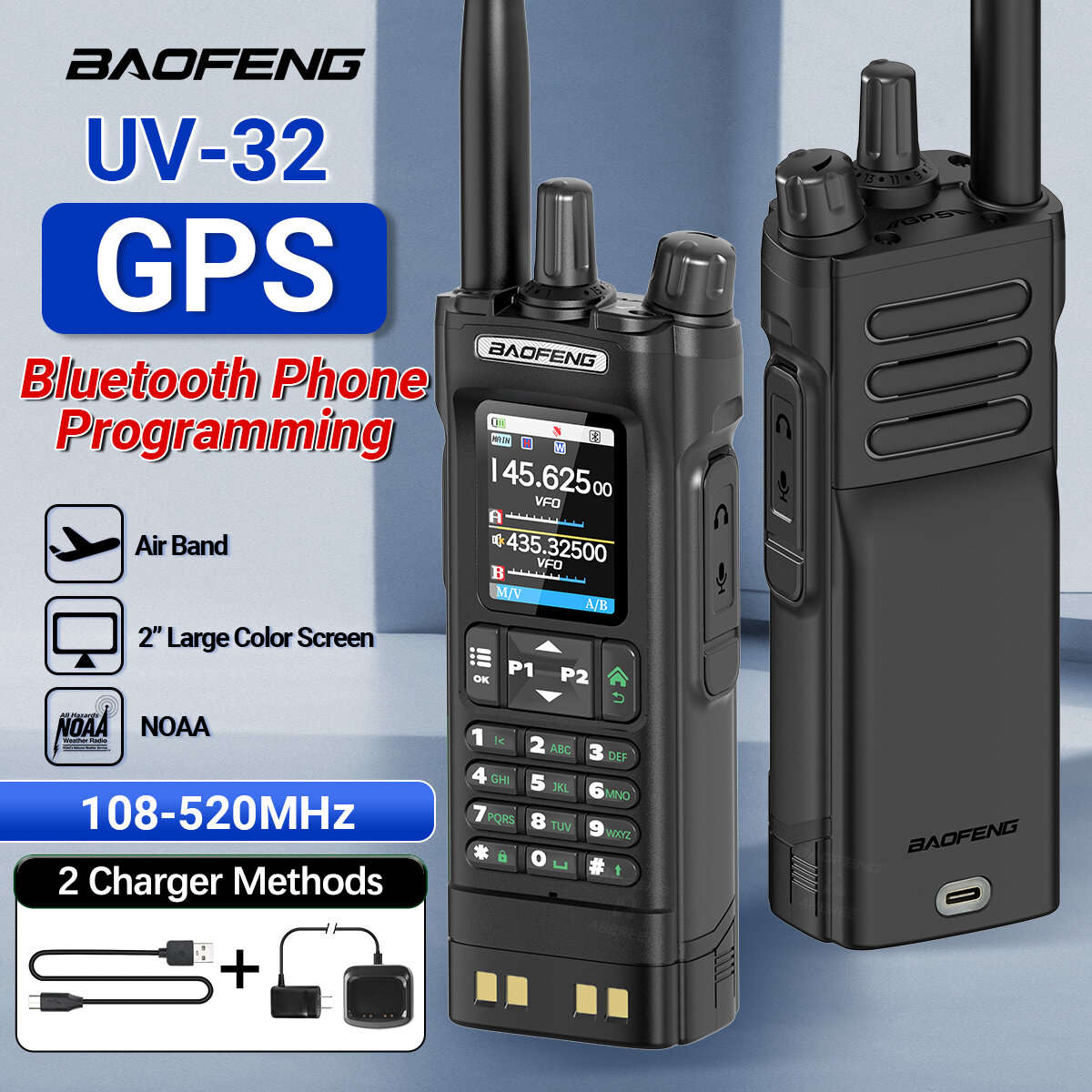 Black - Baofeng UV32 GPS 10W Long Range Walkie Talkie bluetooth Phone APP Programming Multi-band Wir