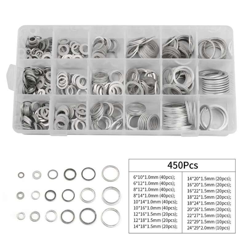 450Pcs Aluminum Sealing Solid Gaskets Washers Assorted Flat Metal O Rings Set for Oil Drain Plug Gas