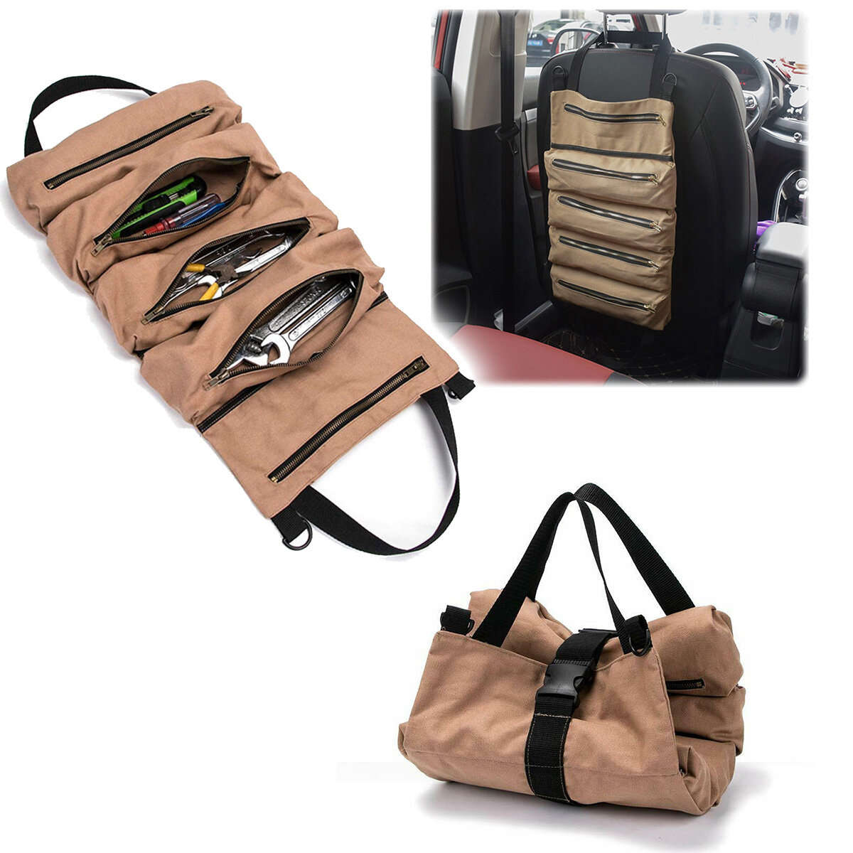 5 Pockets Tool Roll Bag Large Wrench Big Tool Roll Up Bag Canvas Tool Car Organizer - Khaki