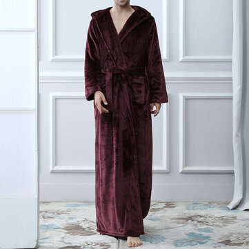 Flannel Ankle-Length Hooded Bathrobe (SIZE.: XL | COLOR.: WINERED)