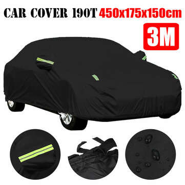 Black Full Car Cover Waterproof Sun Rain Heat Dust UV Resistant Protection 190T (SIZE: M)